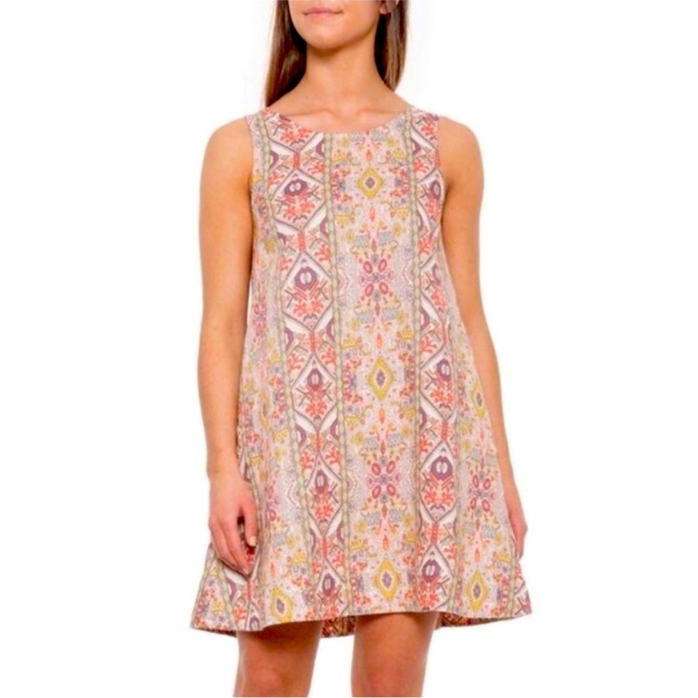 Rachel Zoe Aztec Tribal Print Keyhole Back Linen Shift Mini Dress Medium
